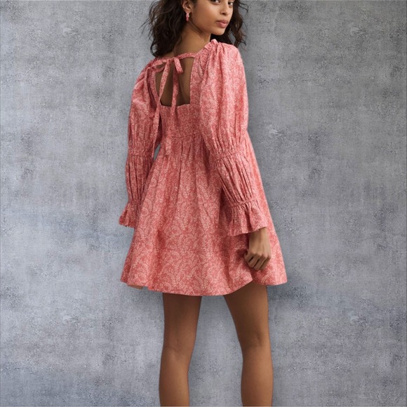 Pilcro Floral Mini Dress Smocked Open‎ Back Long Sleeve Pink XL - Picture 2 of 12